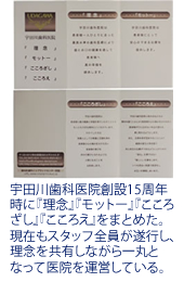 宇田川歯科医院創設15周年時に『理念』『モットー』『こころざし』『こころえ』をまとめた。現在もスタッフ全員が遂行し、理念を共有しながら一丸となって医院を運営している